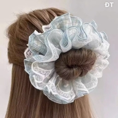 Cột Tóc Vải Scrunchies 4 Lớp Voan Kẻ Vuông To Nơ Hoa Phối Ren 17695