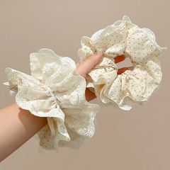 Cột Tóc Scrunchies 4 Lớp Vải Trắng Hoạt Tiết Chấm Bi Đen 16256