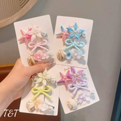 Set 3 Kẹp Tóc Sao Biển Phối Hoa , Vỏ Sò Đính Ngọc Trai, Nơ 17943