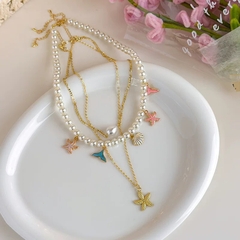 Set 3 Dây Vòng Cổ Hạt Trai & Kim Loại Đính Charm Ốc Biển 17474