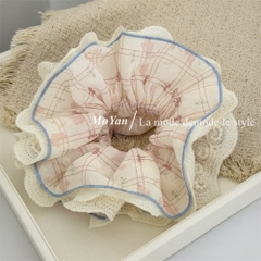 Cột Tóc Vải Scrunchies 4 Lớp Voan Kẻ Vuông To Nơ Hoa Phối Ren 17695