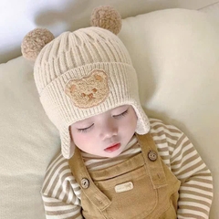 Mũ Len Tai Gấu Lông Xù Đính Gấu Lông Xù Cho Bé 16122