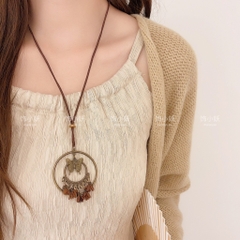 Vòng Cổ Dài Dây Da Mặt Tròn Bướm Tua Rua 17469