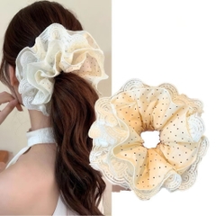 Cột Tóc Scrunchies 4 Lớp Vải Trắng Hoạt Tiết Chấm Bi Đen 16256