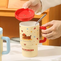 Ly Sứ Cao Có Quai Cầm Kèm Nắp Và Ống Hút DACHSHUND 16398