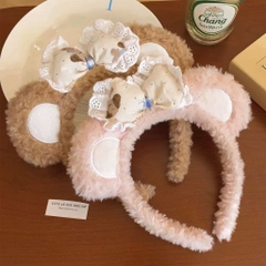 Cài Tóc Lông Xù Tai Gấu Đính Nơ Cún Tai Xù Viền Ren 16153