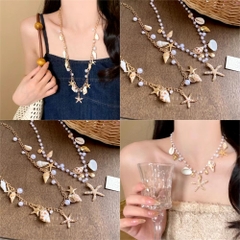Vòng Cổ Kim Loại Dây Xích Ngọc Trai Vỏ Sò Ốc Sao Biển Đi Biển Thời Trang 15588