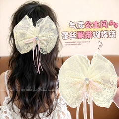 Kẹp Tóc Sau Mỏ Vịt Nơ Ren Đính Đá kèm Dây Ruy Băng Hồng 15605