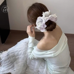 Cột Tóc Vải Scrunchies 4 Lớp Voan Caro / Kẻ Nơ Hoa Phối Ren 17664