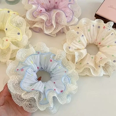 Cột Tóc Vải Scrunchies 4 Lớp Chấm Bi Màu Phối Ren 17275