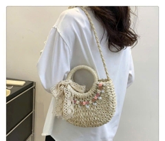 Túi Cói Đi Biển/ Du Lịch Đính Hoa Vải Nhí Thắt Nơ Ren Thời Trang 15241