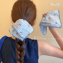 Cột Tóc Vải Scrunchies Vuông Caro Quả Cherry Viền Màu 17280
