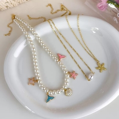 Set 3 Dây Vòng Cổ Hạt Trai & Kim Loại Đính Charm Ốc Biển 17474