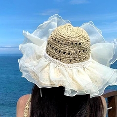 Mũ Cói Đi Biển Viền Vải Voan Đính Dây Ngọc Thời Trang 15240