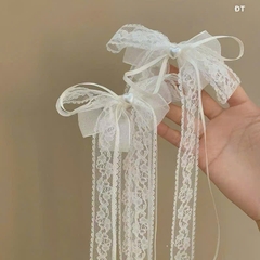 Kẹp Tóc Mỏ Vịt Nơ Ren Dài Phối Ruy Băng Đính Tim Tiểu Thư 16547