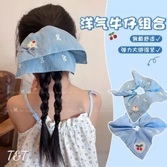 Cột Tóc Vải Scrunchies Xanh Jean Dạng Vuông Cherry, Gấu Nơ 17348