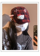 Mũ Nồi Kẻ Caro Đính Gấu Bông/ Sticker Vintage 15725