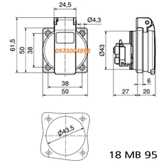 F105-0B PCE Ổ cắm 2P+E 16A IP54 gắn âm có nắp