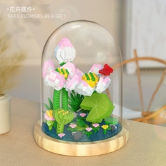 Quà tặng mô hình lắp ráp hoa dễ thương kèm lồng chụp và đế tặng sinh nhật, tặng người yêu