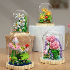 Quà tặng mô hình lắp ráp hoa dễ thương kèm lồng chụp và đế tặng sinh nhật, tặng người yêu