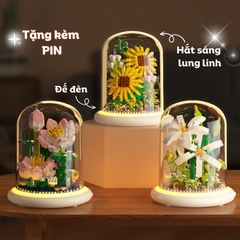 Quà tặng mô hình lắp ráp hoa kèm lồng chụp và đế hắt sáng tặng sinh nhật, tặng người yêu