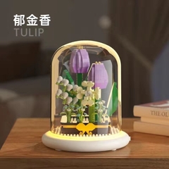 Quà tặng mô hình lắp ráp hoa kèm lồng chụp và đế hắt sáng tặng sinh nhật, tặng người yêu