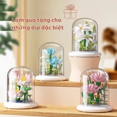 Quà tặng mô hình lắp ráp hoa kèm lồng chụp và đế hắt sáng tặng sinh nhật, tặng người yêu