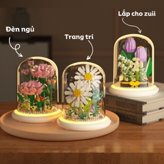 Quà tặng mô hình lắp ráp hoa kèm lồng chụp và đế hắt sáng tặng sinh nhật, tặng người yêu
