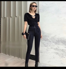 Quần jean Giấy Skinny Nữ Ống Loe Đen Trơn bigsize , Co giãn 4 chiều, cạp cao tôn dáng