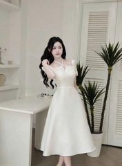 Đầm nữ dài cao cấp mặc dự tiệc sang chảnh chất Tapta thiết kế cổ vuông dây chéo phối voan hoa tay ngắn váy maxi xoè