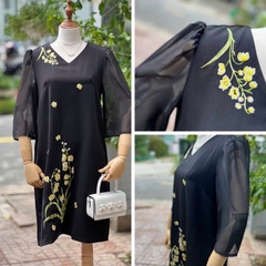 SALE Đầm Dự Tiệc Trung Niên Thiết Kế Bigsize Cổ TIM tay voan  Form Suông A Thêu HOA LAN Cao Cấp