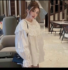 Áo Sơ Mi Thô Cổ Tròn Phối Bèo Tay Dài Dáng Dấu Quần Dành Cho Nữ