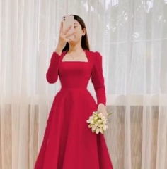 Đầm Đỏ Cổ Vuông Tay Dài Bigsize