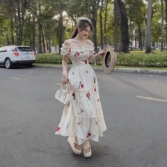 Đầm maxi trễ vai tiểu thư họa tiết hoa đầm midi hoa nhí bigsize từ 50 kg đến 90 kg