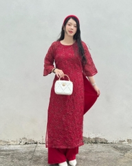 Áo dài cách tân 4 tà dáng suông tơ đũi HOA HỒNG  áo dài cưới, áo dài ăn hỏi, cô dâu Áo cưới women dress - ÁO DÀI chubby