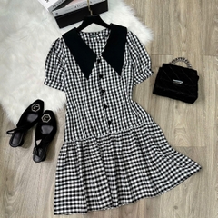 Váy Đầm dáng babydoll thiết kế cổ sơ mi,họa tiết caro xinh xắn