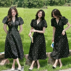 Đầm đi chơi đầm đi picnic chất đũi hoa cao cấp cổ v tay ngắn phồng xêp ly dáng xòe dài