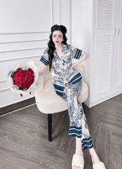 Bộ mặc nhà Pyjama chất lụa 5D áo cộc quần dài họa tiết BIGSIZE 95KG