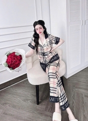 Bộ mặc nhà Pyjama chất lụa 5D áo cộc quần dài họa tiết BIGSIZE 95KG