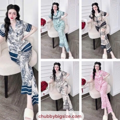 Bộ mặc nhà Pyjama chất lụa 5D áo cộc quần dài họa tiết BIGSIZE 95KG