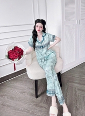 Bộ mặc nhà Pyjama chất lụa 5D áo cộc quần dài họa tiết BIGSIZE 95KG