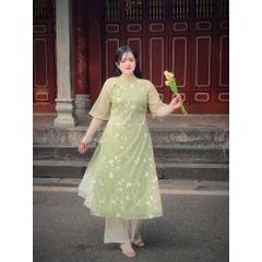 Áo Dài Cách Tân Nữ Tơ Thêu bigsize Màu Xanh