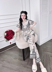 Bộ mặc nhà Pyjama chất lụa 5D áo cộc quần dài họa tiết BIGSIZE 95KG
