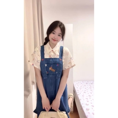 Yếm jean bigsize thêu bèo nhún dễ thương form rộng đủ size 60-85kg