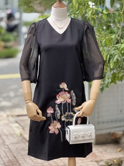 SALE Đầm trung niên suông tay voan thêu hoa sen  / Đầm thiết kế Bigsize  tặng mẹ,váy cho mẹ sang trọng