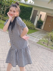 Váy Đầm dáng babydoll thiết kế cổ sơ mi,họa tiết caro xinh xắn