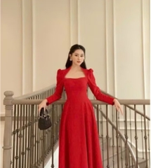 Đầm Đỏ Cổ Vuông Tay Dài Bigsize