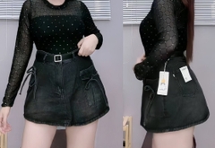 Chân váy jean bigsize ngắn dáng chữ A nữ màu xanh bụi basic cách điệu cột nơ xinh xắn có túi chéo - CV403