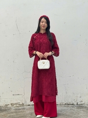 Bigsize Áo dài cổ tàu tay lỡ, áo dài lông vũ phối quần lụa cổ nơ kèm quần phù hợp đi chơi, đi dạo phố