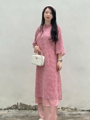Bigsize Áo dài cổ tàu tay lỡ, áo dài lông vũ phối quần lụa cổ nơ kèm quần phù hợp đi chơi, đi dạo phố